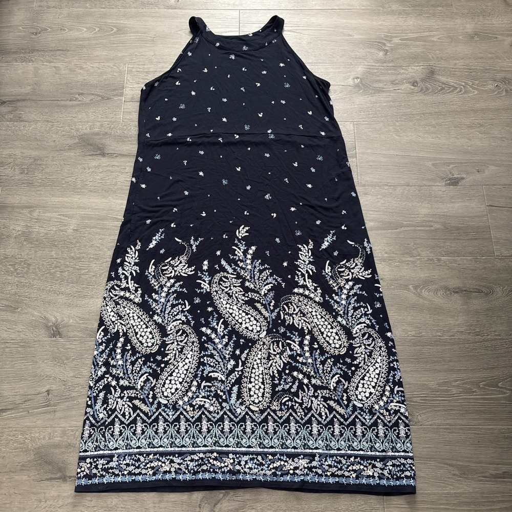 J Jill Blue Paisley Maxi Dress Womens Size L Sleeveless Rayon Knit Coastal Boho
